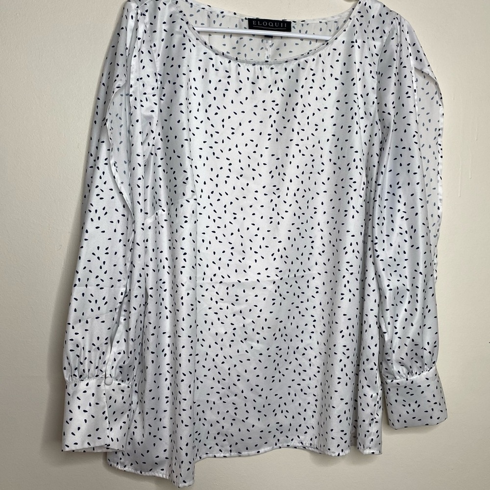 Eloquii White Blouse with Black Speckle Print